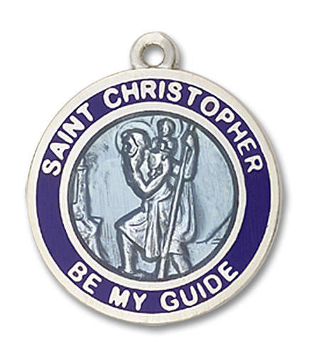 Blue St Christopher Medal - Sterling Silver 3/4 x 5/8 Blue Rimmed Round Pendant 0192BBSS