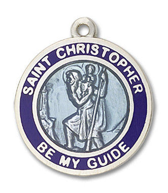 Blue St. Christopher Medal - Sterling Silver 3/4" x 5/8" Blue Rimmed Round Pendant (0192BBSS)