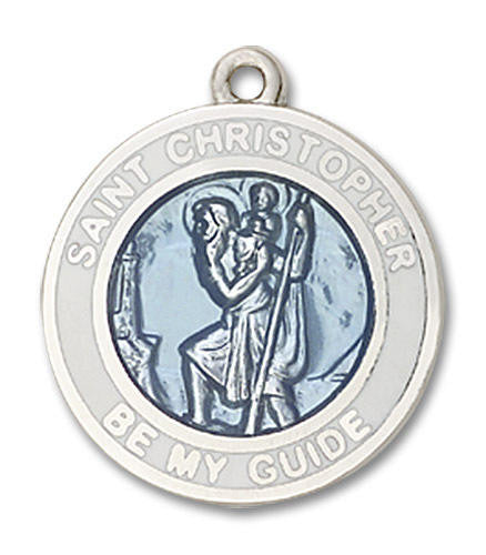 Blue St Christopher Medal - Sterling Silver 3/4 x 5/8 White Rimmed Round Pendant 0192WBSS
