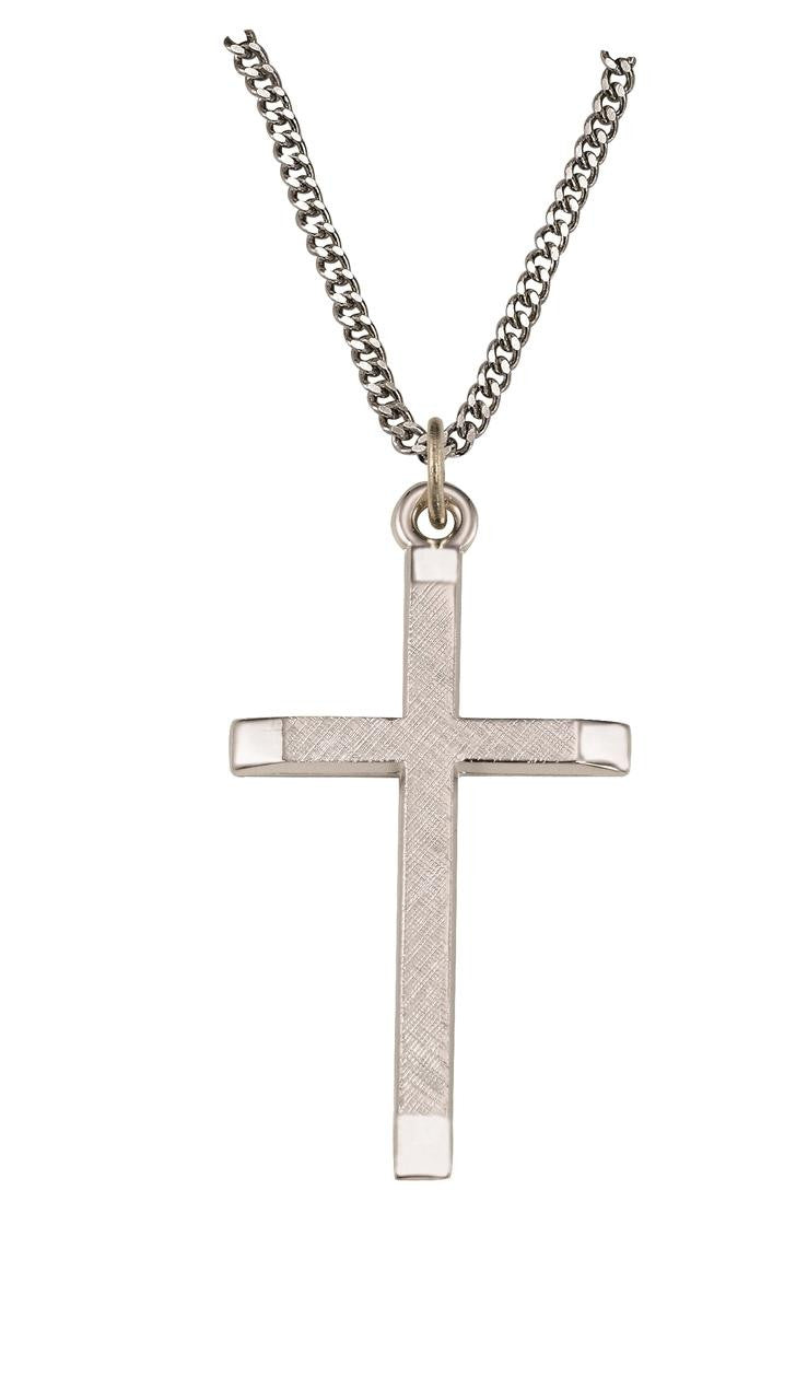 Brushed Finish Cross Necklace - Sterling Silver Pendant on 24 Stainless Chain SX9457SH