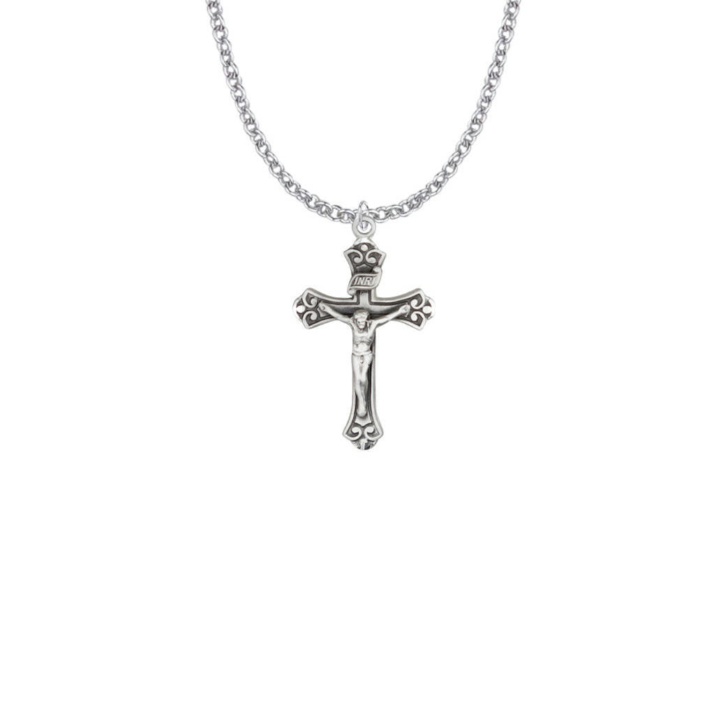 Budded Crucifix Necklace - Sterling Silver Pendant On 18 Stainless Steel Chain SX8545SH