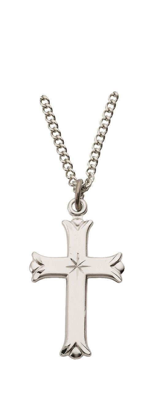 Budded Engraved Cross Necklace - Sterling Silver Pendant on 18 Stainless Chain SX7978SH