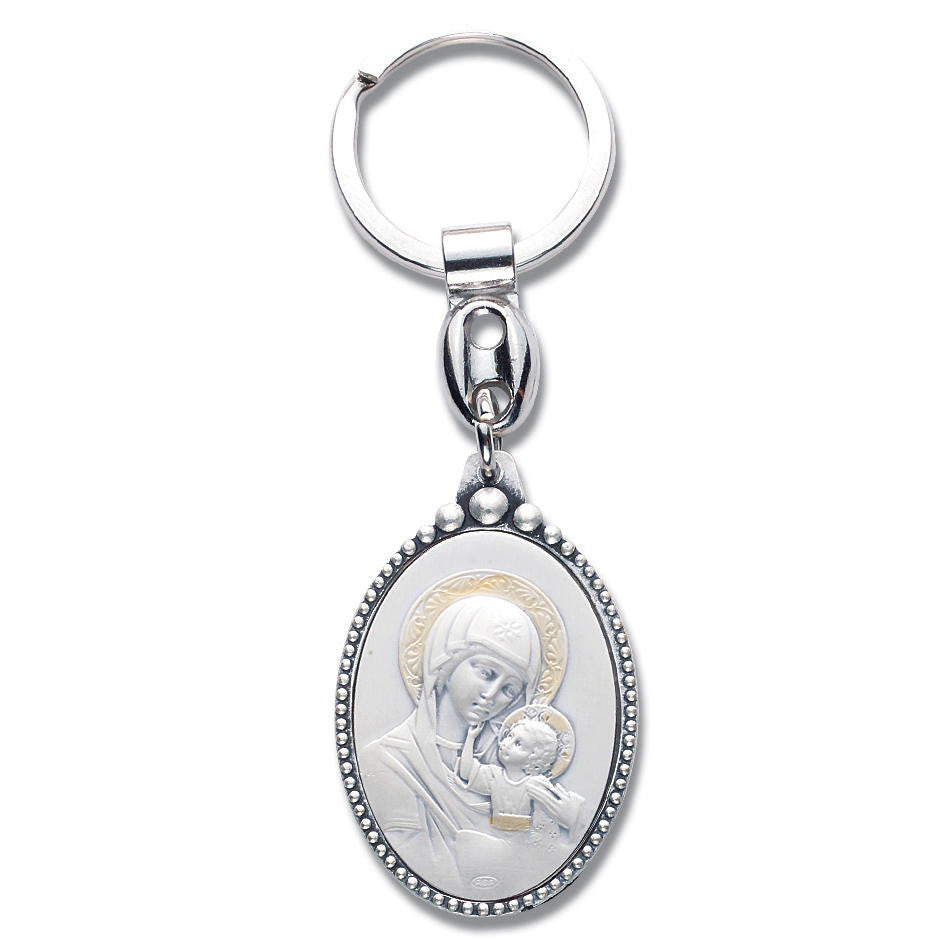 Byzantine Madonna and Child Sterling Silver Inset Key Chain - Gift Boxed