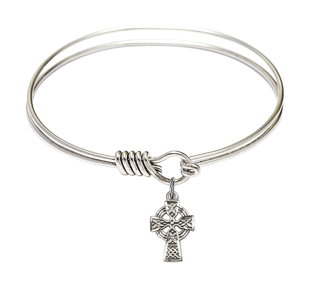 Celtic Cross Round Eye Hook Bangle Bracelet - Sterling Silver Charm - 6.25 Inch 4133SS