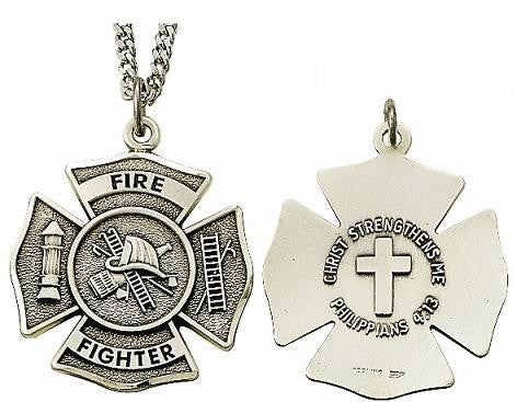 Christ Strengthens Me Firefighter Necklace - Sterling Silver Medal on 24 Stainless Chain SM9042SH