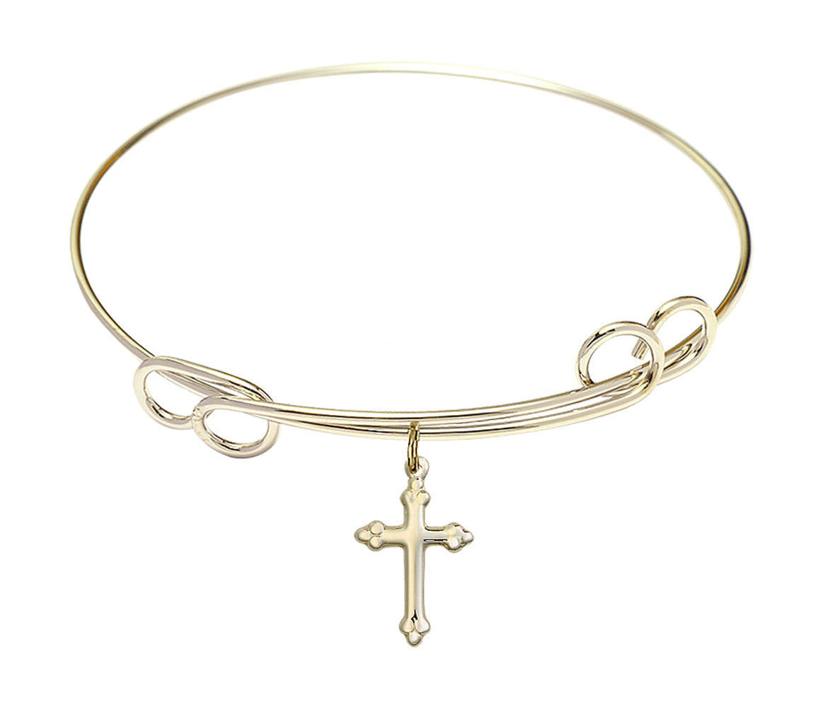 Cross Charm Double Loop Bangle Bracelet - Gold-Filled Charm