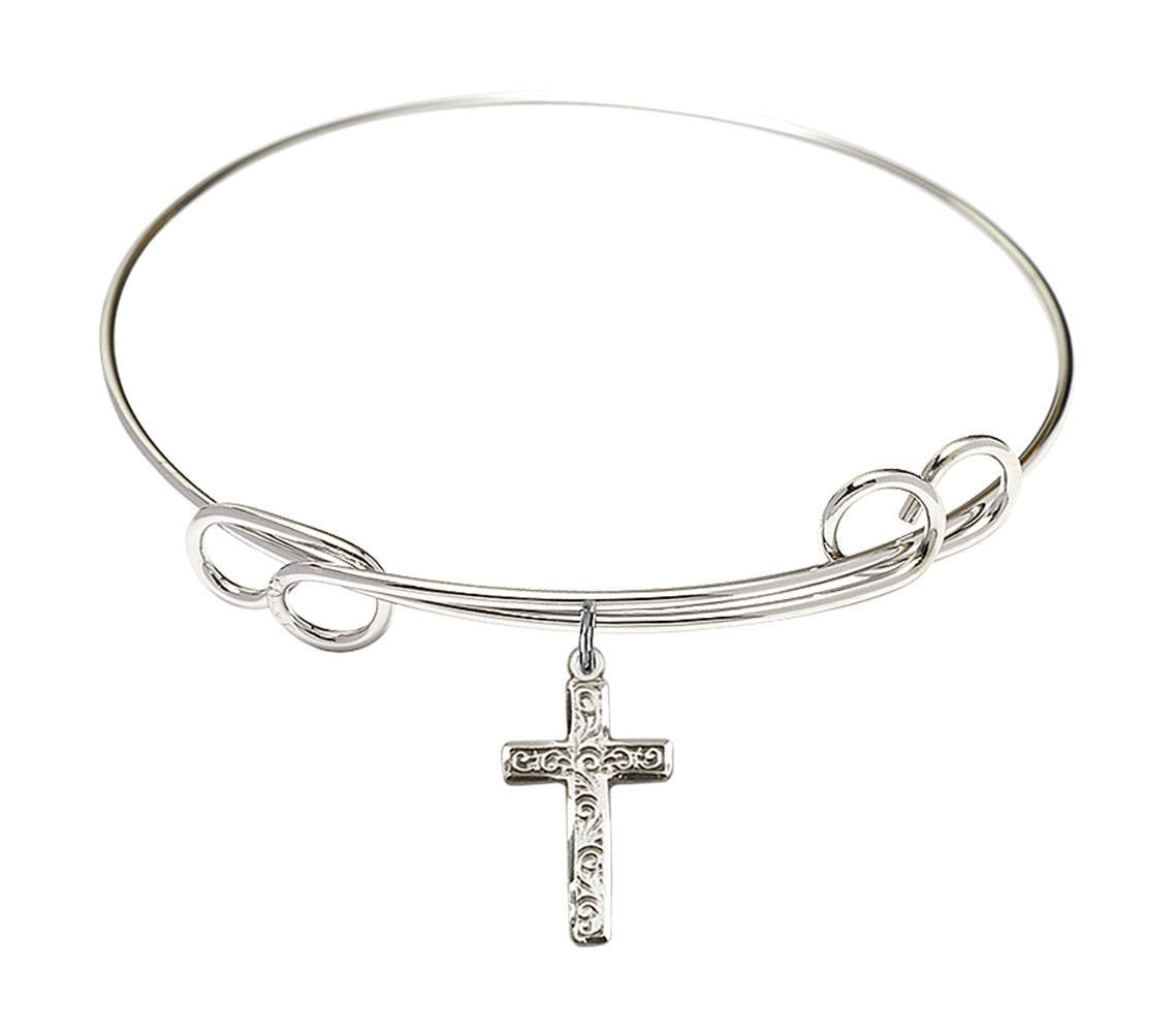 Cross Double Loop Bangle Bracelet - Sterling Silver Charm 0672YSS