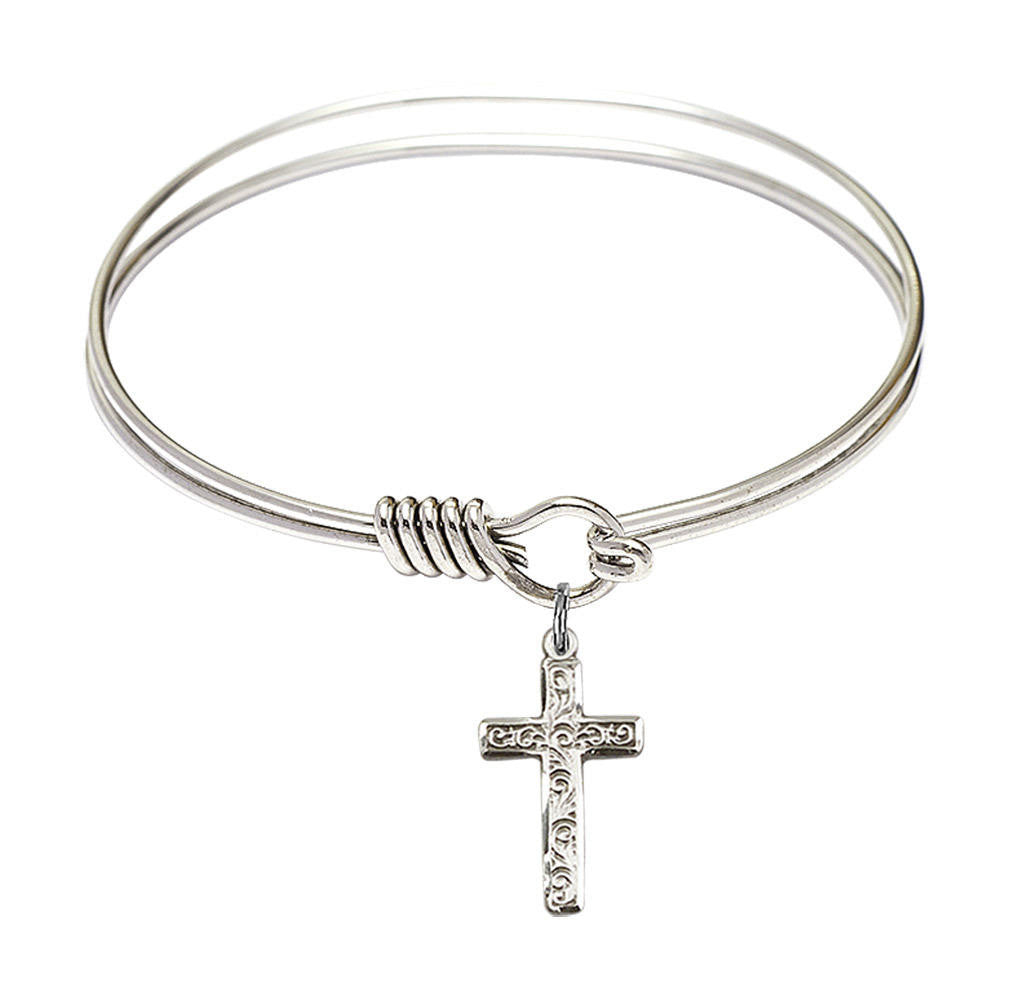 Cross Round Eye Hook Bangle Bracelet - Sterling Silver Charm - 6.25 Inch 0672YSS