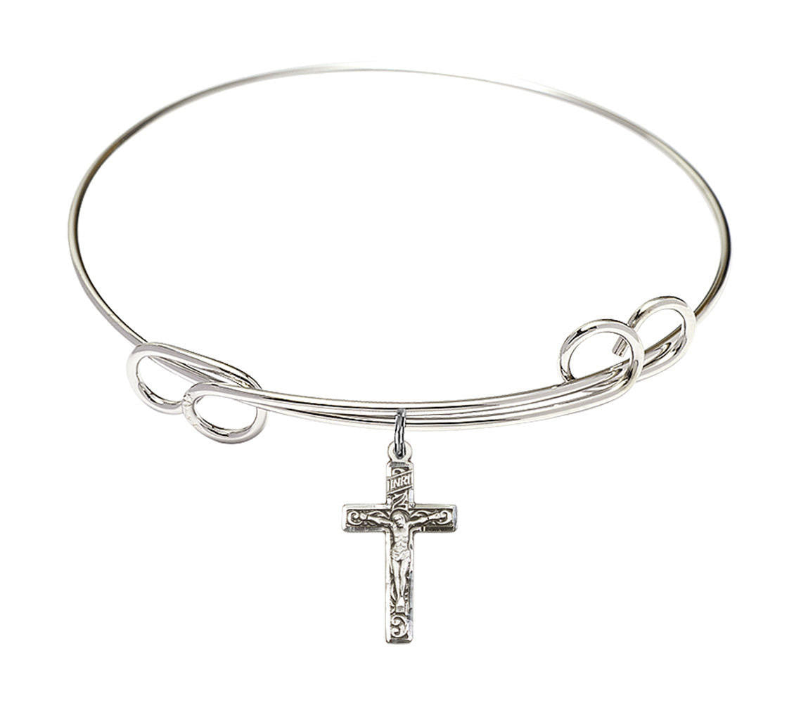 Crucifix Double Loop Bangle Bracelet - Sterling Silver Charm 0672SS