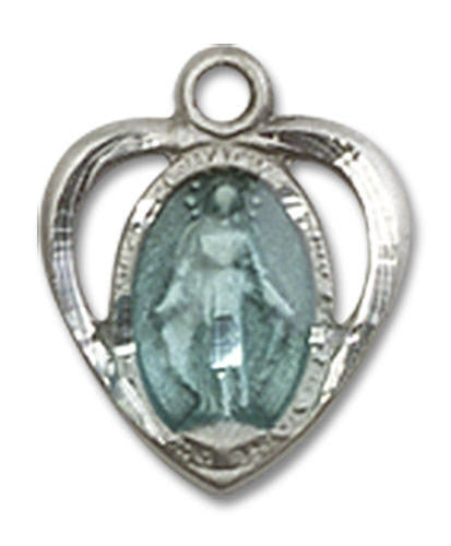 Cut Out Heart Shaped Blue Miraculous Medal Charm - Sterling Silver Pendant 5401ESS