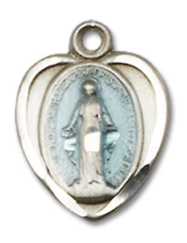 Cut Out Heart Shaped Blue Miraculous Medal Pendant Charm - Sterling Silver 0706EMSS