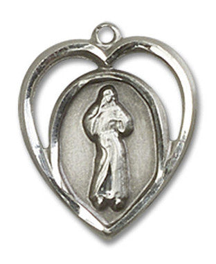 Cut Out Heart Shaped Divine Mercy Pendant - Sterling Silver 5/8" x 1/2" (4119SS)