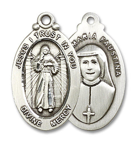 Divine Mercy and Maria Faustina Medal - Sterling Silver 1 1/8 x 5/8 Oval Pendant 4145DMSS