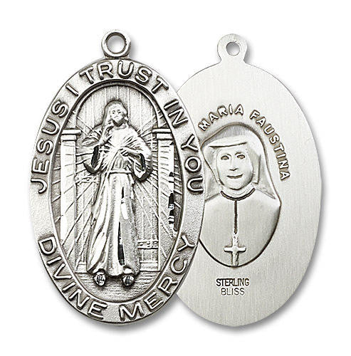 Divine Mercy and St Maria Faustina Medal - Sterling Silver 1 5/8 x 1 Oval Pendant 5874SS