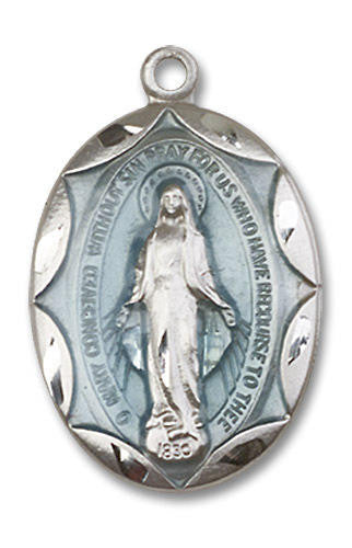 Embellished Blue Miraculous Medal - Sterling Silver 1 x 5/8 Oval Pendant 0801EMSS