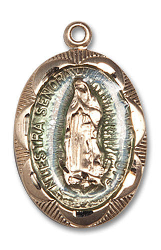 Embellished Blue Our Lady of Guadalupe Medal - 14kt Gold 1 x 5/8 Oval Pendant 0801EF