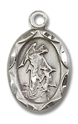 Embellished Guardian Angel Medal Charm - Sterling Silver Oval Pendant 0301ESS