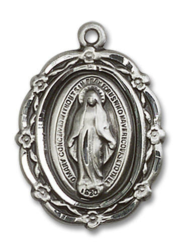 Embellished Miraculous Medal - Sterling Silver 7/8 x 5/8 Oval Pendant 4146MSS