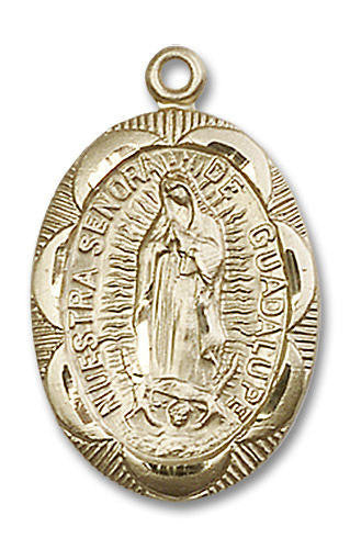 Embellished Nuestra Senora de Guadalupe Medal - 14kt Gold 1 x 5/8 Oval Pendant 0801F