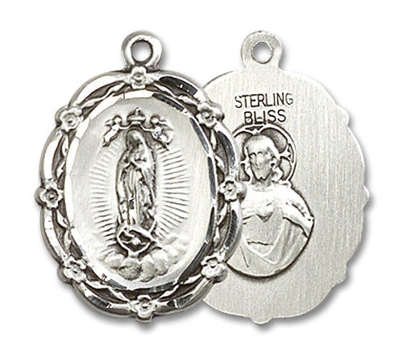 Embellished Our Lady of Guadalupe Medal - Sterling Silver 7/8 x 5/8 Oval Pendant 4146FSS
