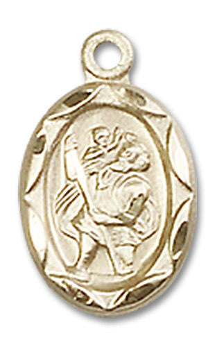 Embellished St Christopher Medal Charm - 14kt Gold Oval Pendant 0301C