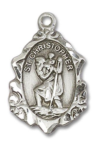 Embellished St Christopher Medal - Sterling Silver 3/4 x 1/2 Pendant 0822CSS
