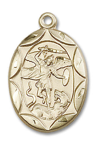 Embellished St Michael and Guardian Angel Medal - 14kt Gold 1 x 5/8 Oval Pendant 0801R