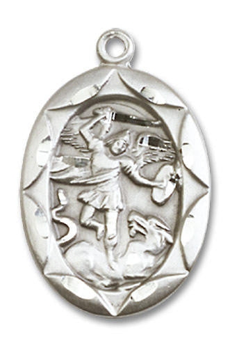 Embellished St Michael and Guardian Angel Medal - Sterling Silver 1 x 5/8 Oval Pendant 0801RSS