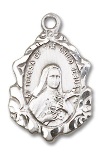 Embellished St Theresa Medal - Sterling Silver 3/4 x 1/2 Pendant 0822TSS