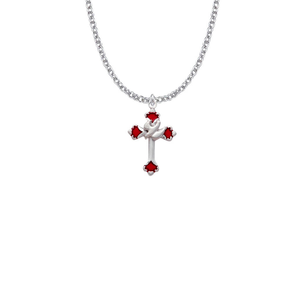 Enameled Red Ends Dove Cross Necklace - Sterling Silver Pendant On 18 Stainless Chain SX8448SH
