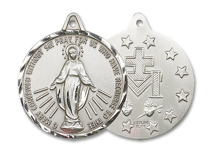 Extra Large Miraculous Medal - Sterling Silver 1 3/8 x 1 1/4 Round Pendant 0203MSS