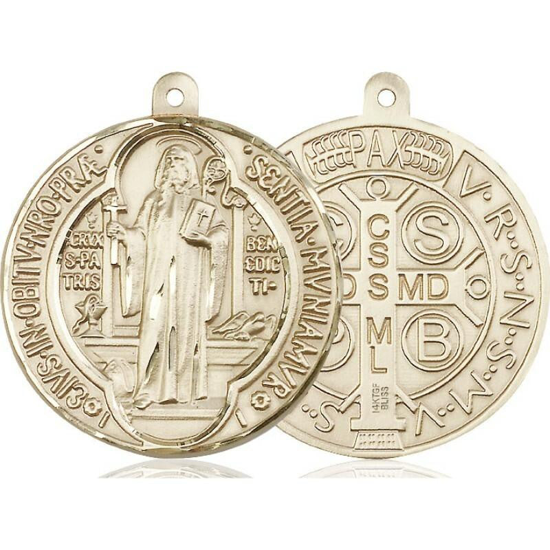 Extra Large St Benedict Medal - 14kt Gold 1 3/8 x 1 3/8 Round Pendant 1057