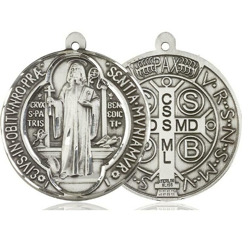 Extra Large St Benedict Medal - Sterling Silver 1 3/8 x 1 3/8 Round Pendant 1057SS