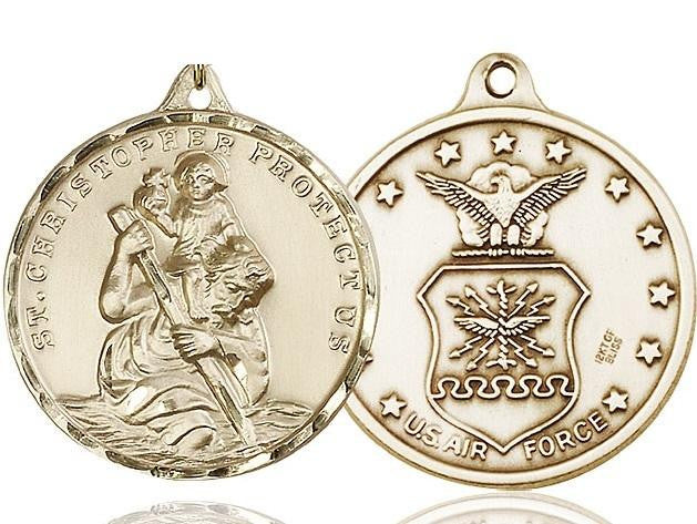 Extra Large St Christopher Air Force Medal - 14kt Gold 1 3/8 x 1 1/4 Round Pendant 0203