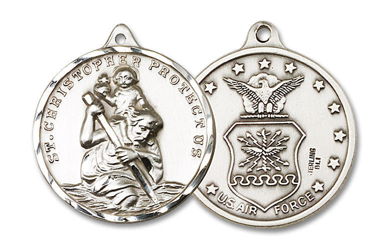 Extra Large St Christopher Air Force Medal - Sterling Silver 1 3/8 x 1 1/4 Round Pendant 0203SS1