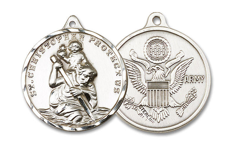 Extra Large St Christopher Army Medal - Sterling Silver 1 3/8 x 1 1/4 Round Pendant 0203SS2