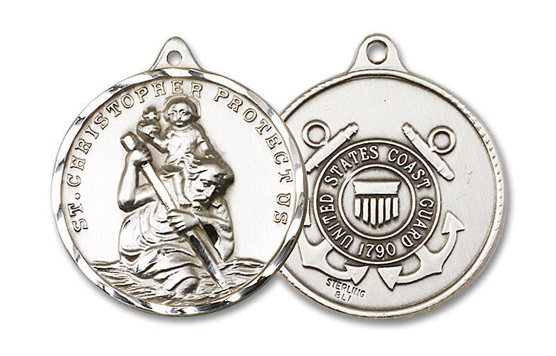 Extra Large St Christopher Coast Guard Medal - Sterling Silver 1 3/8 x 1 1/4 Round Pendant 0203SS3