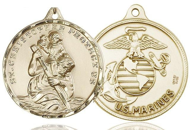 Extra Large St Christopher Marines Medal - 14kt Gold 1 3/8 x 1 1/4 Round Pendant 0203