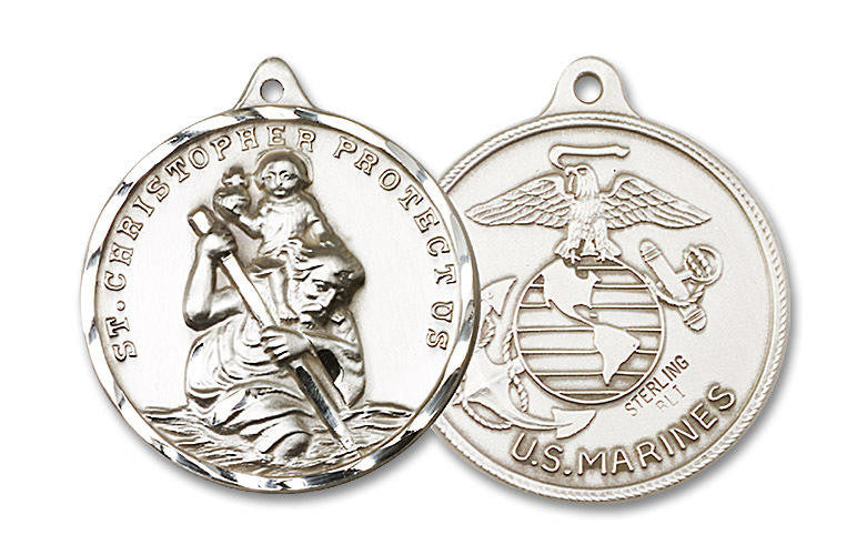 Extra Large St Christopher Marines Medal - Sterling Silver 1 3/8 x 1 1/4 Round Pendant 0203SS4