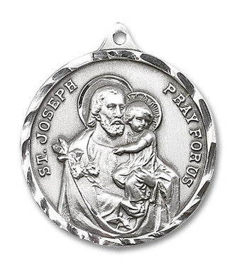 Extra Large St. Joseph Medal - Sterling Silver 1 3/8" x 1 1/8" Round Pendant (0203KSS)