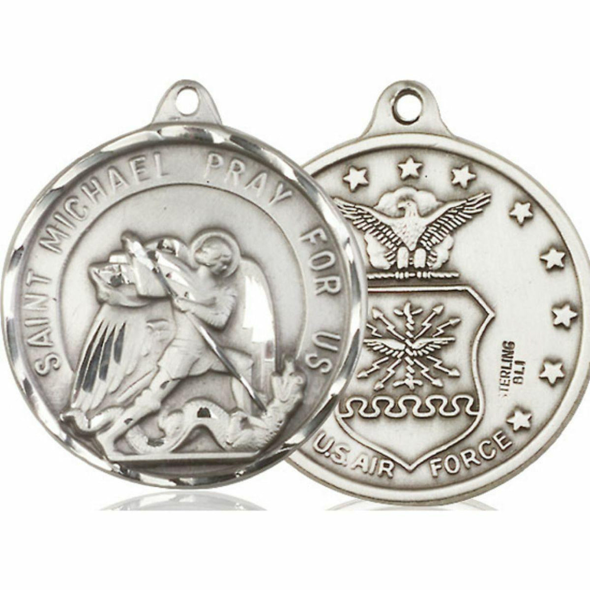 Extra Large St Michael Air Force Medal - Sterling Silver 1 3/8 x 1 1/4 Round Pendant 0201SS1