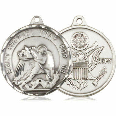 Extra Large St. Michael Army Medal - Sterling Silver 1 3/8" x 1 1/4" Round Pendant (0201SS2)