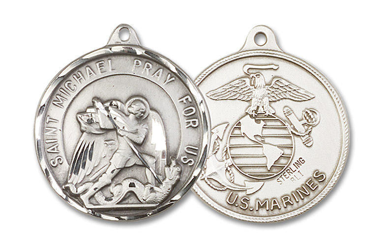 Extra Large St Michael Marines Medal - Sterling Silver 1 3/8 x 1 1/4 Round Pendant 0201SS4