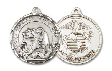 Extra Large St. Michael Marines Medal - Sterling Silver 1 3/8" x 1 1/4" Round Pendant (0201SS4)