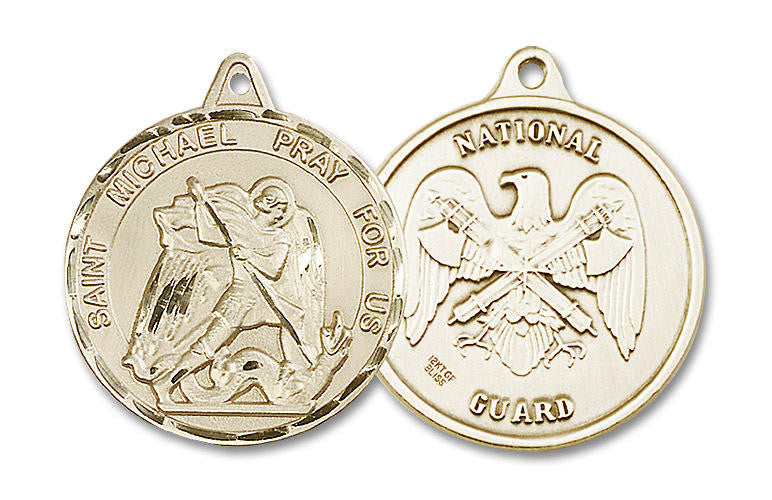 Extra Large St Michael National Guard Medal - 14kt Gold 1 3/8 x 1 1/4 Round Pendant 0201