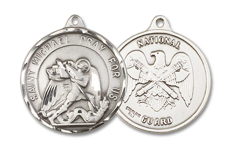 Extra Large St Michael National Guard Medal - Sterling Silver 1 3/8 x 1 1/4 Round Pendant 0201SS5