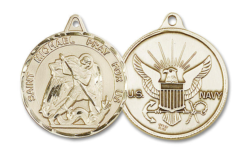 Extra Large St Michael Navy Medal - 14kt Gold 1 3/8 x 1 1/4 Round Pendant 0201