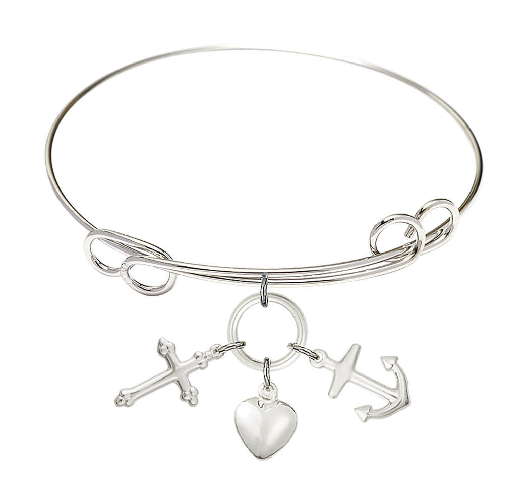 Faith, Hope and Charity Double Loop Bangle Bracelet - Sterling Silver Charm