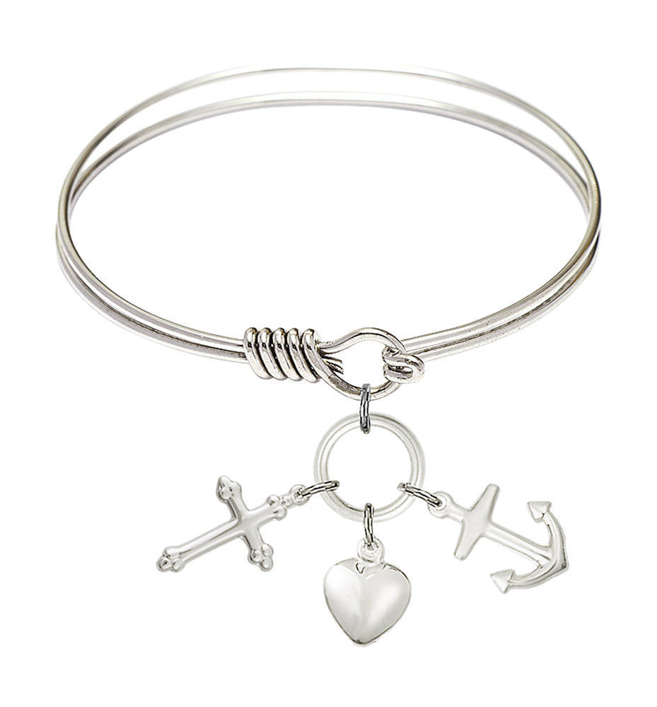 Faith, Hope and Charity Round Eye Hook Bangle Bracelet - Sterling Silver Charm - 6.25 Inch 4158SS