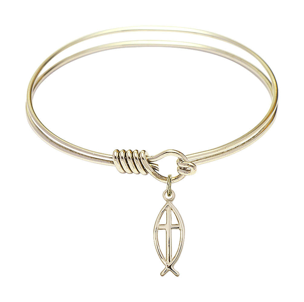 Fish - Cross Round Eye Hook Bangle Bracelet - Gold-Filled Charm - 6.25 Inch 4251GF